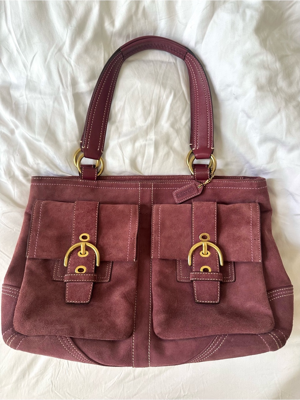 Vintage Coach double pocket suede shoulder bag in mauve